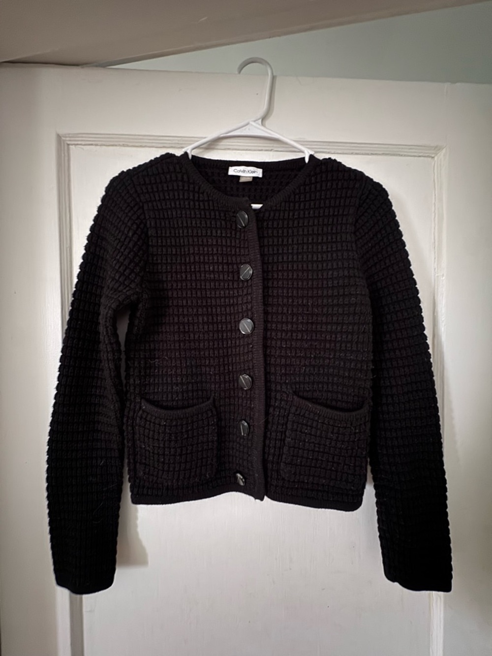 Calvin Klein Black Waffle-Knit Button Cardigan